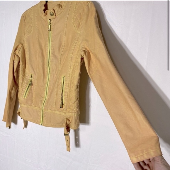 Vintage Roosevelt American College Dyed Yellow Distressed Faux Leather Jacket M - Picture 3 of 16